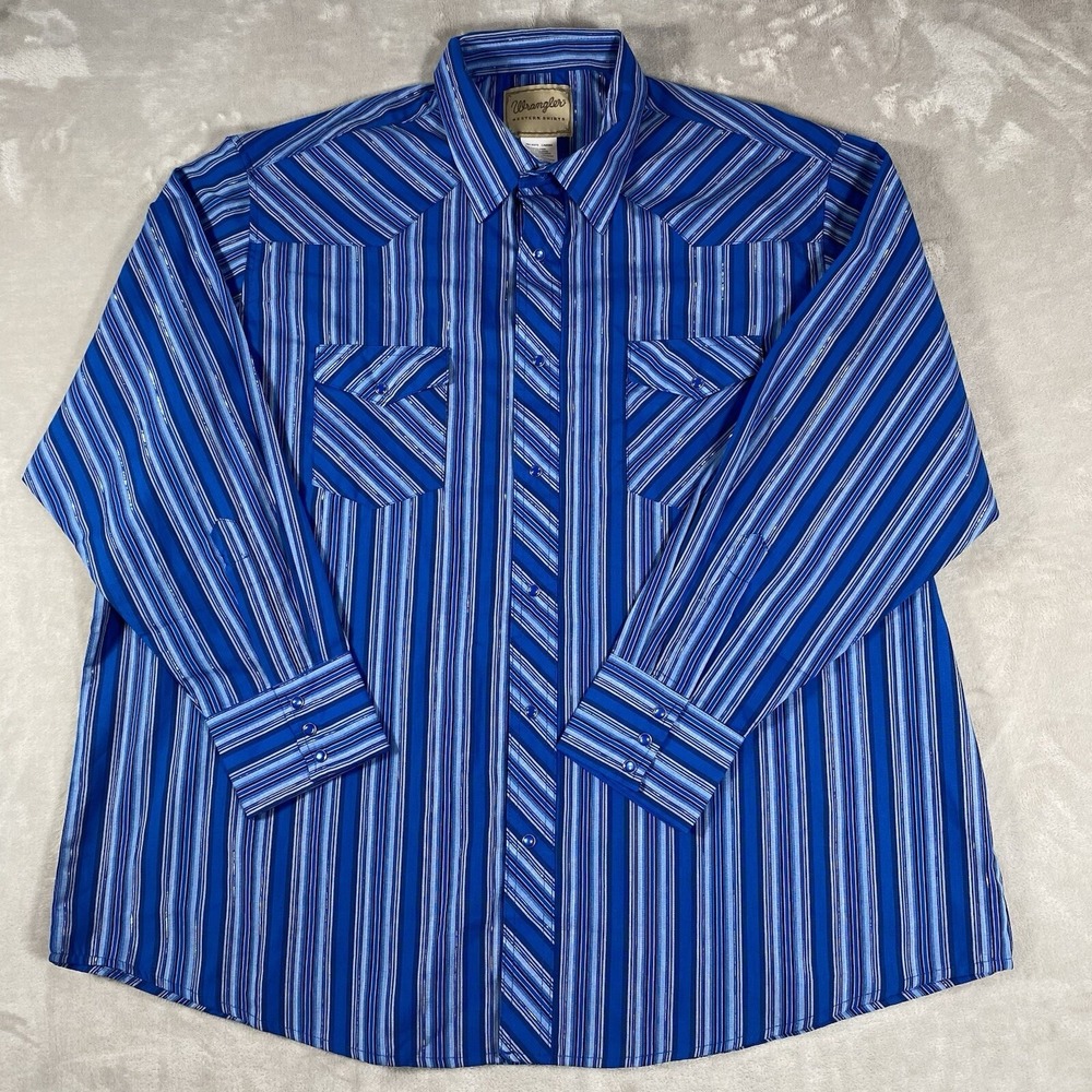 Wrangler Western Shirt Blue Black Silver Striped Pearl Snap 2XL Metallic